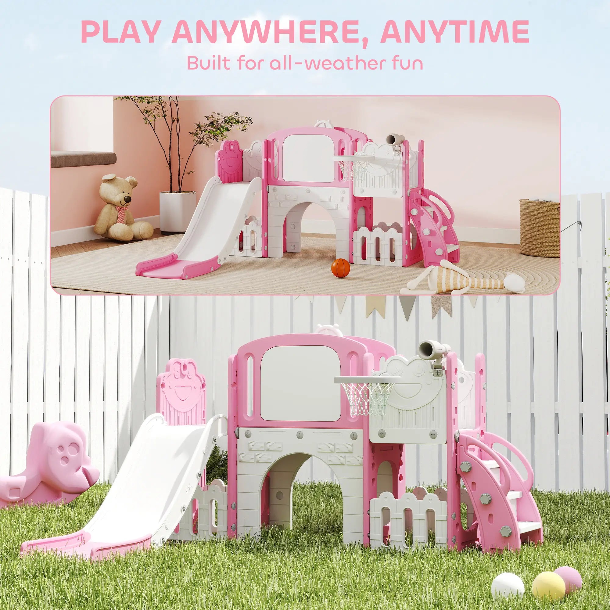 7 In 1 Toddler Slide With Basketball Hoop, Climbing Frame, Telescope, Drawing Board, Storage Box, Pink Gym Sets & Swings at Gallery Canada