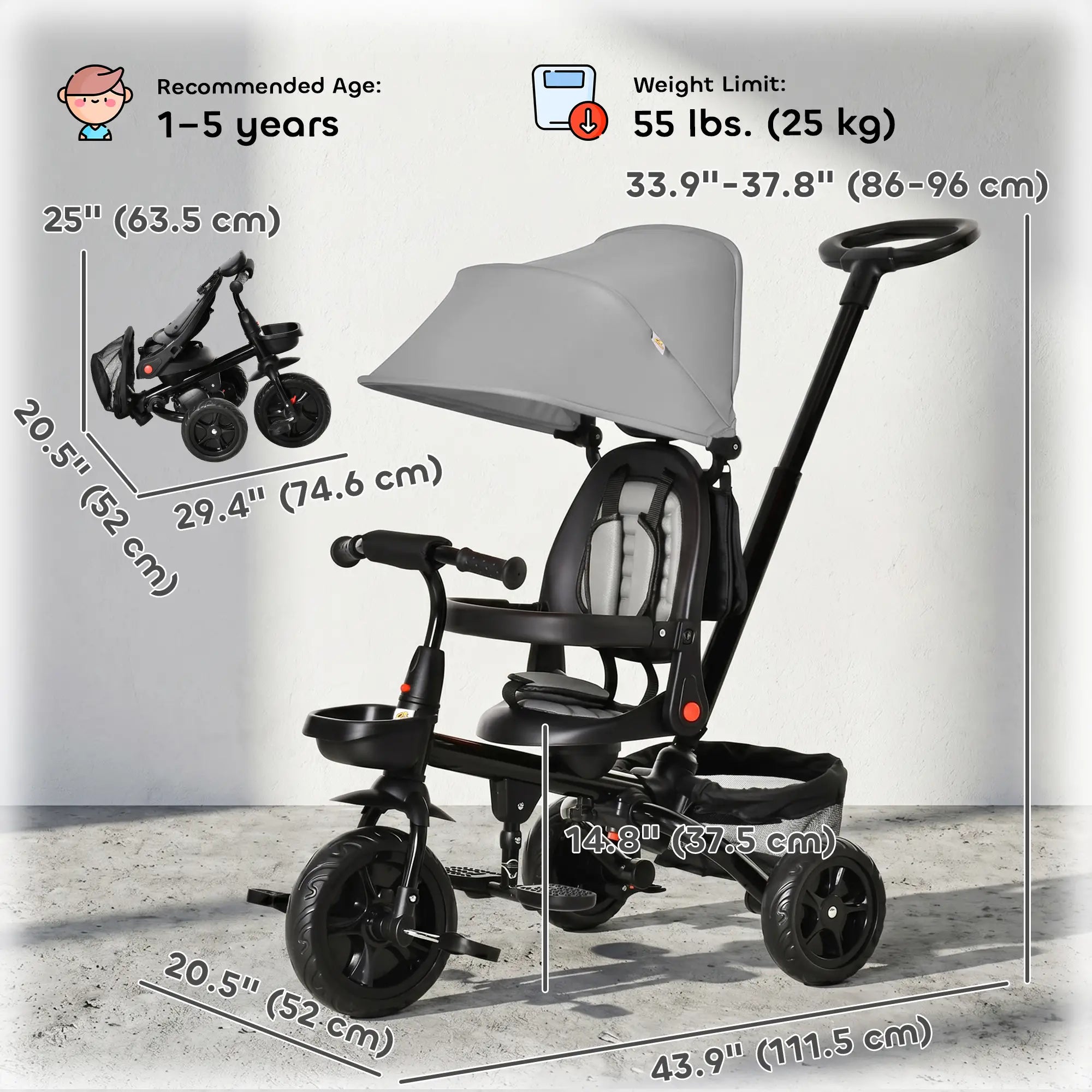Toddler Tricycle, 4 in 1 Kids Trike, Adjustable Seat, Removable Handle, Grey Tricycles for Kids at Gallery Canada