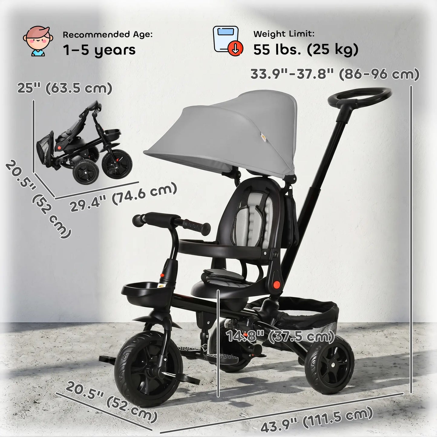 Toddler Tricycle, 4 in 1 Kids Trike, Adjustable Seat, Removable Handle, Grey Tricycles for Kids at Gallery Canada