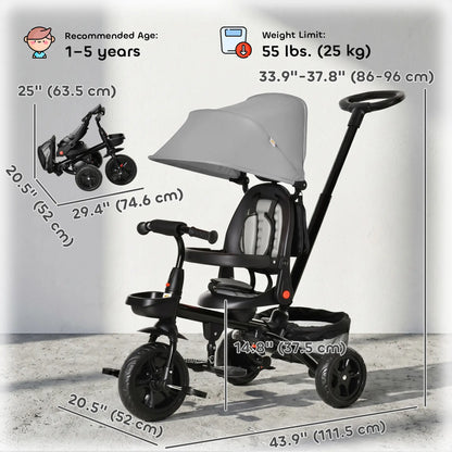 Toddler Tricycle, 4 in 1 Kids Trike, Adjustable Seat, Removable Handle, Grey Tricycles for Kids at Gallery Canada