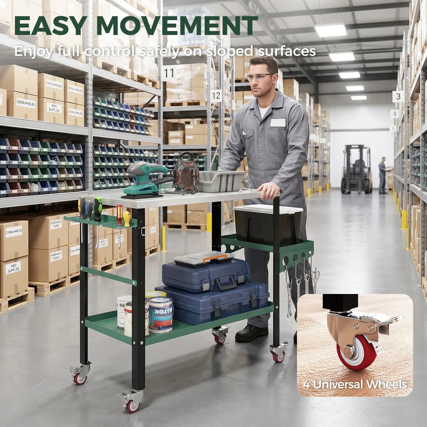 2Tier Rolling Tool Cart with Wheels, Lockable Steel Heavy Duty Cart with Side Tray, Silver &; Green Tool Organizers at Gallery Canada