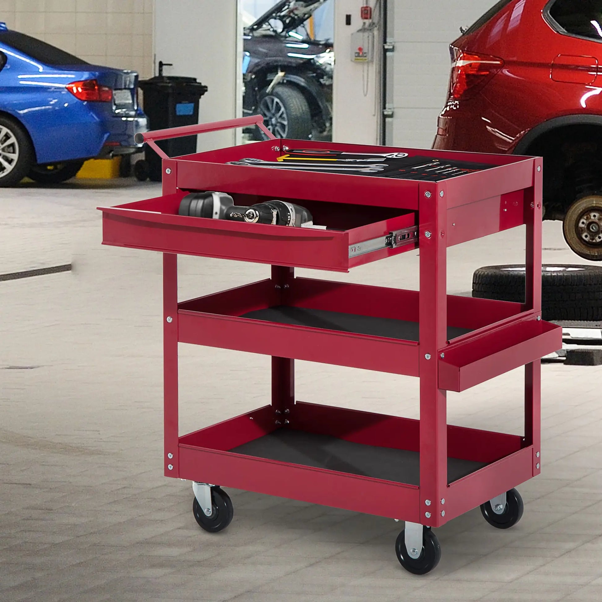 3-Tier Rolling Tool Cart, Drawer and Side Box, 132 LBS Capacity, Red Tool Organizers at Gallery Canada