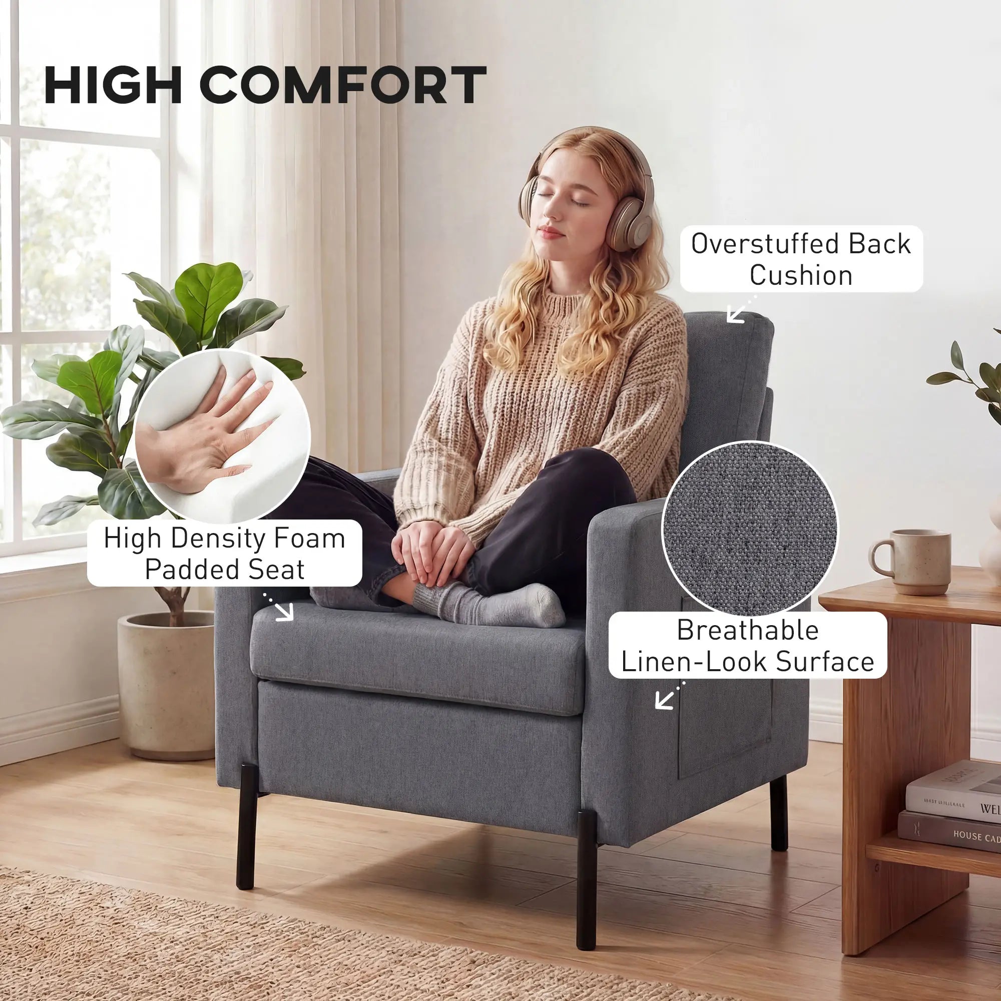 Modern Upholstered Armchair With Side Pockets, Cushion, Dark Grey Accent Chairs at Gallery Canada