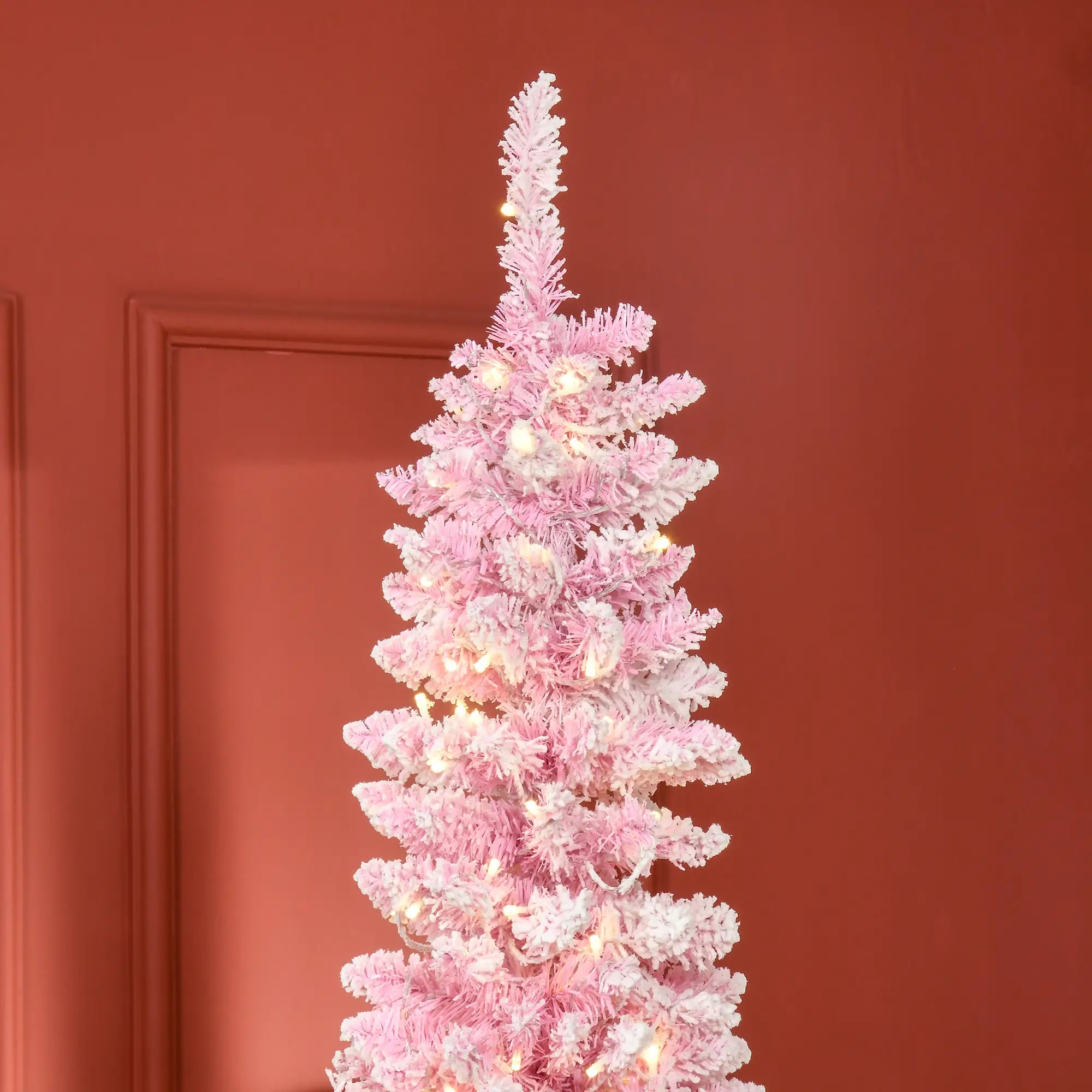 7.5 Foot Prelit Snow Flocked Christmas Tree, 700 Pine Branches, Warm White LED, White, Pink Pre Lit Christmas Trees at Gallery Canada