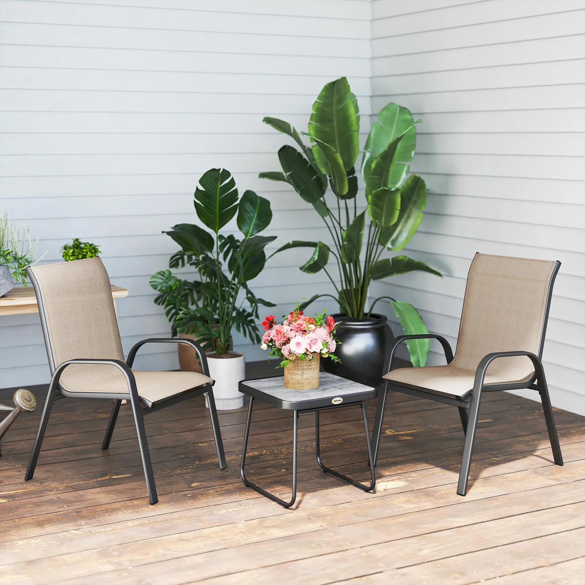 Outdoor Bistro Set, 3-Piece Patio Set, Breathable Mesh, Stackable Chairs, Square Table, Brown Bistro Sets at Gallery Canada