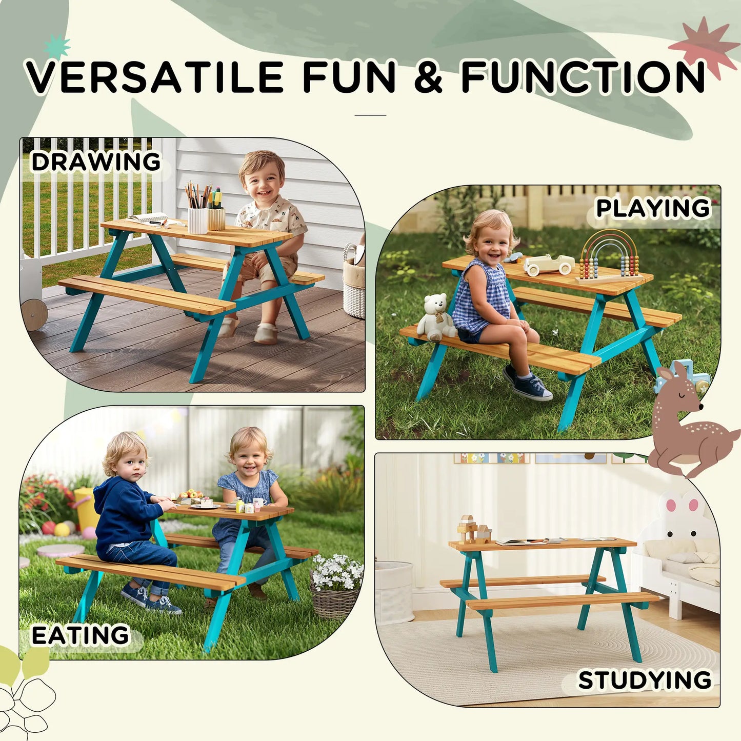 Kids Outdoor Table Set Wooden Toddler Picnic Table Benches for 4, Natural Wood Kids Outdoor Furniture at Gallery Canada