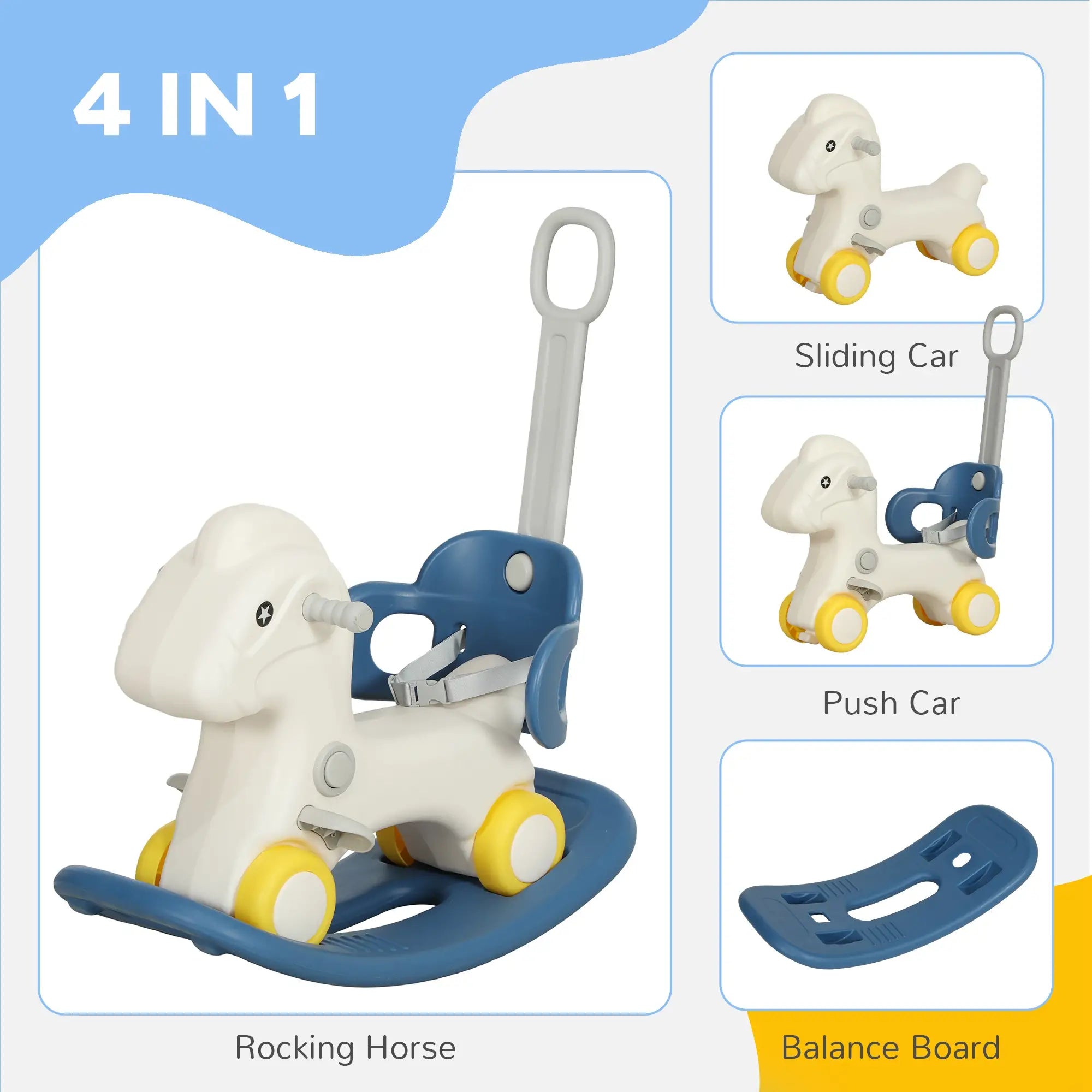 Kids Rocking Horse, Detachable Balance Board, Push Handle, Blue Rocking Horses at Gallery Canada