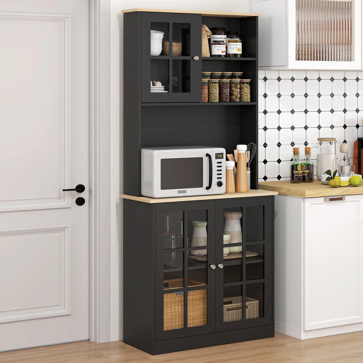 Kitchen Buffet with Hutch, 3 Cabinets, 2 Shelves, Black Kitchen Pantry Cabinets at Gallery Canada