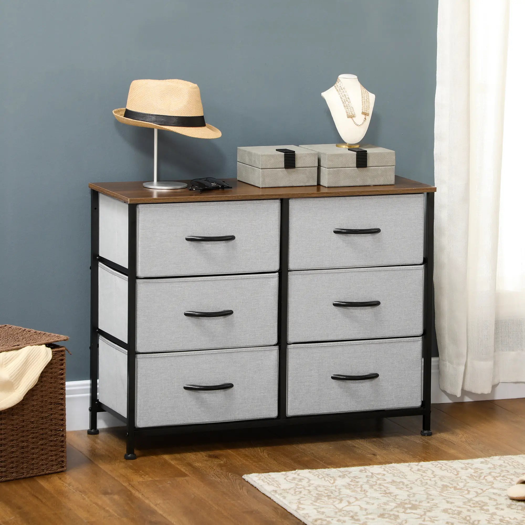 6 Drawer Dresser, Fabric Chest, Steel Frame, Wood Grain Top, Grey Storage Cabinets at Gallery Canada