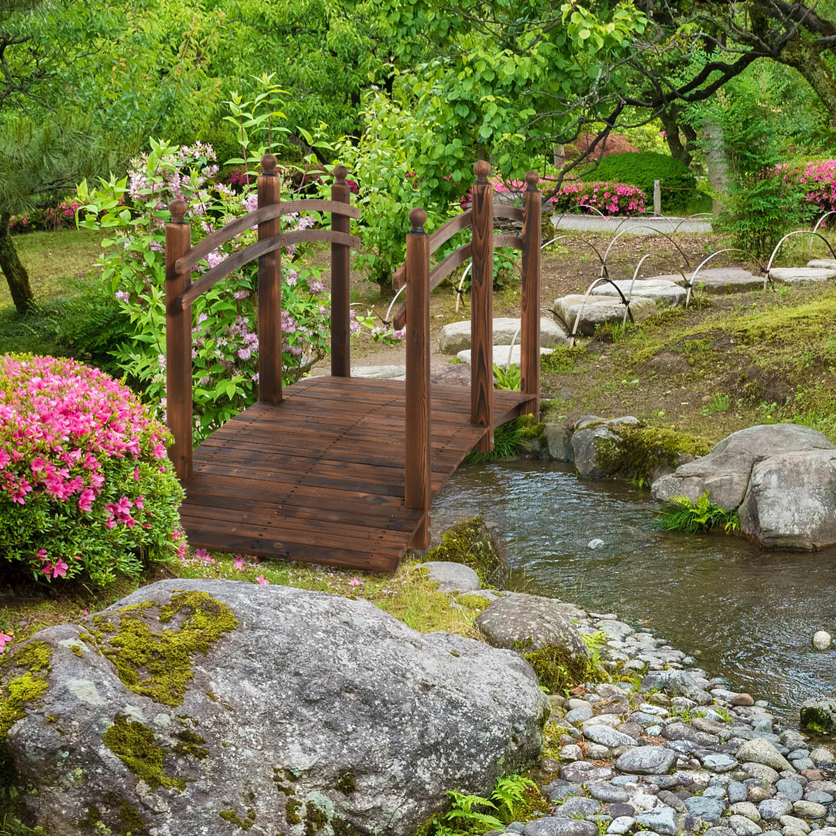 7.5' Fir Wood Garden Bridge, Arc Walkway With Side Railings, Tan Garden Bridges at Gallery Canada
