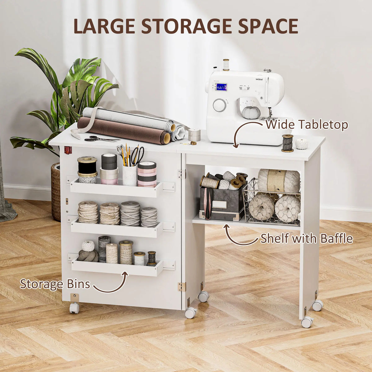 Folding Sewing Table with Storage, Lockable Wheels, White Storage Cabinets at Gallery Canada