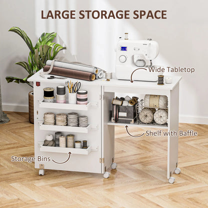 Folding Sewing Table with Storage, Lockable Wheels, White Storage Cabinets at Gallery Canada