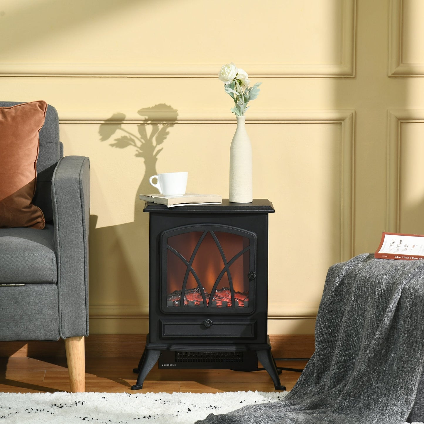 Free Stand Electric Fireplace Stove Heater with Adjustable LED Flame Effect and Front Door, 750W/1500W, Black - Gallery Canada