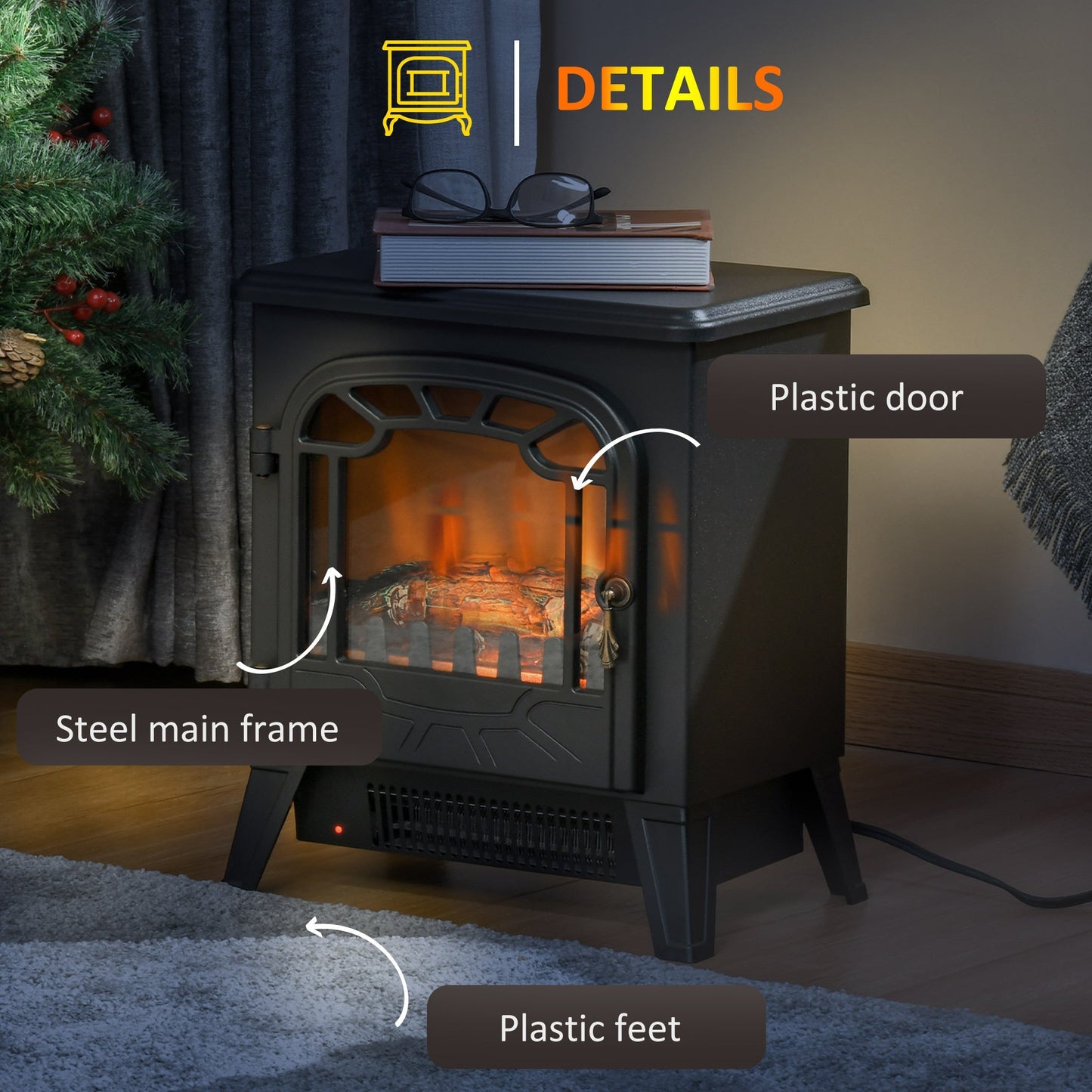 Freestanding Electric Fireplace Stove Heater with Realistic Flame Effect, Overheat Protection, 750W/1500W, Black - Gallery Canada