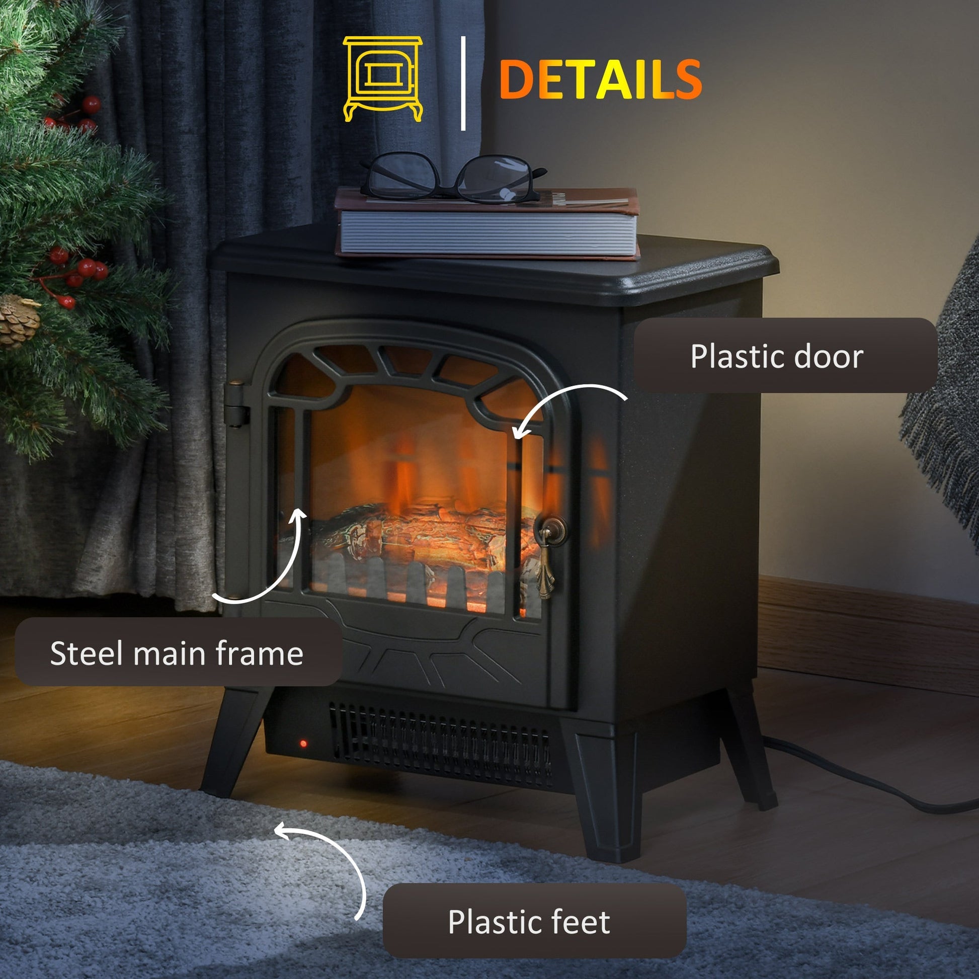 Freestanding Electric Fireplace Stove Heater with Realistic Flame Effect, Overheat Protection, 750W/1500W, Black - Gallery Canada
