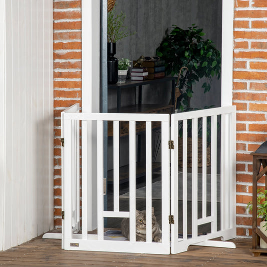 Freestanding Pet Gate with 2PCS Support Feet, 3 Panels Folding Dog Gates for the House Doorway Stairs, with Cat Door, Expands up to 71.3" Wide, 29.9" Tall, White - Gallery Canada
