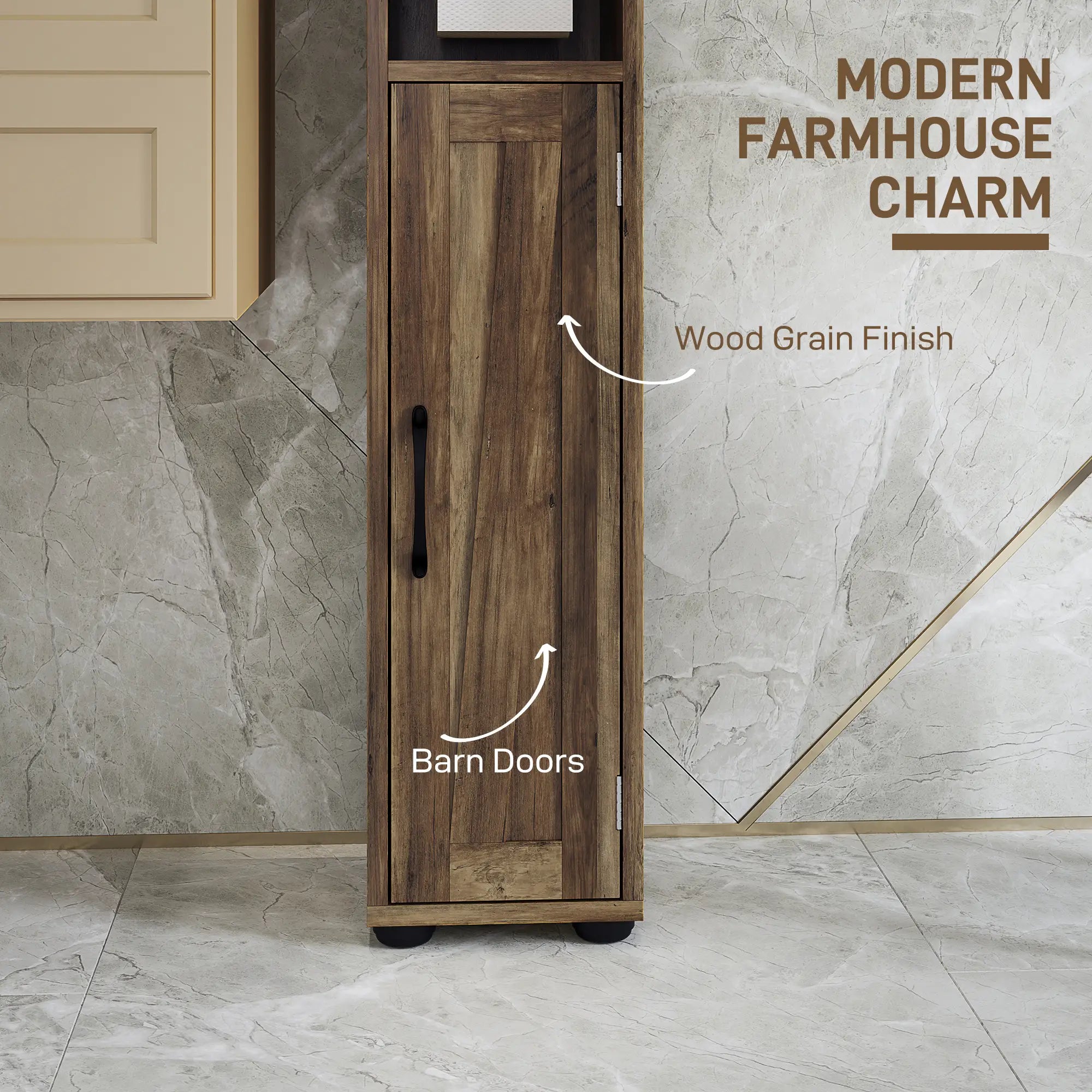 Narrow Bathroom Cabinet, Tall Storage with Barn Doors, Drawer, Adjustable Shelves, Wood Grain, Brown Bathroom Cabinets at Gallery Canada