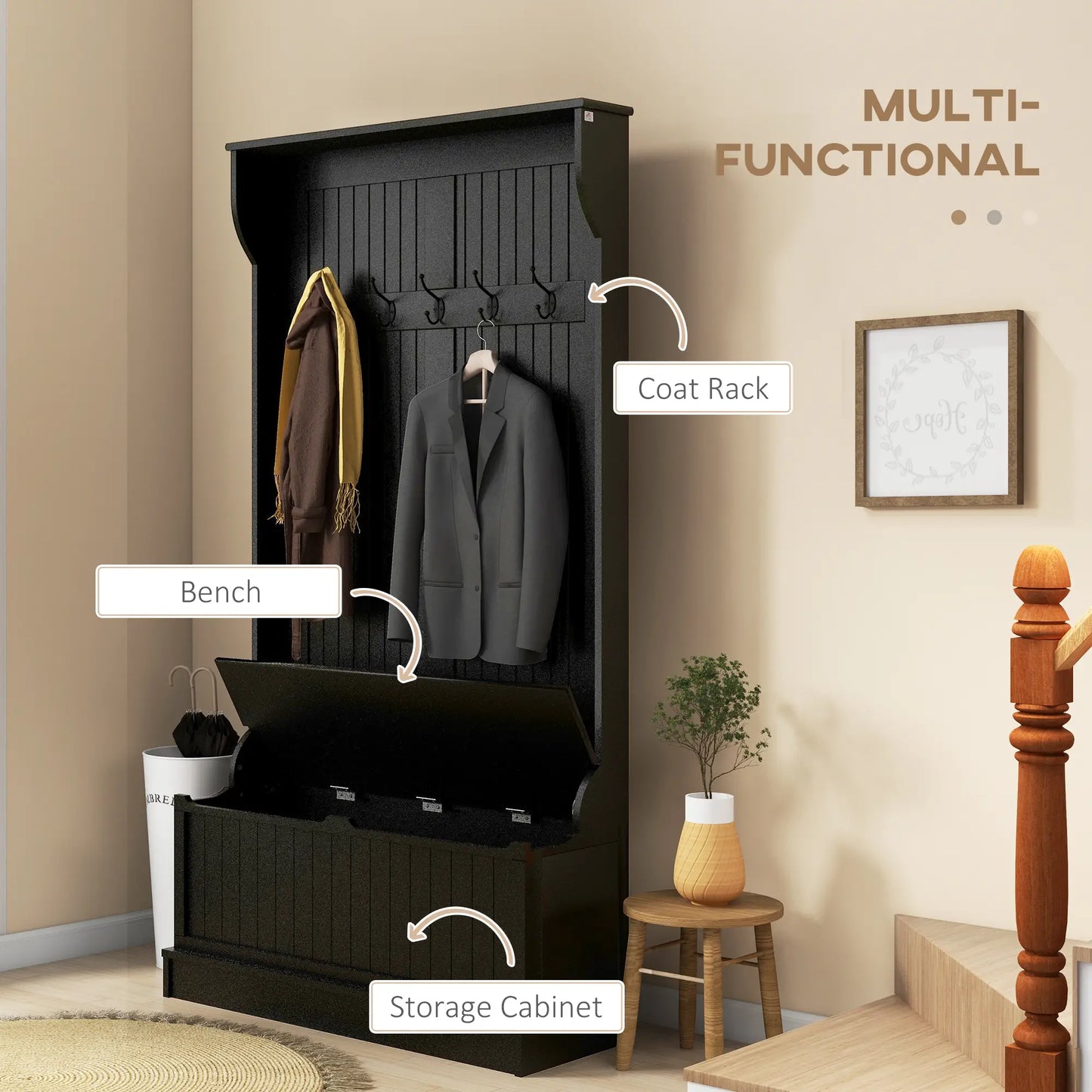 3-In-1 Hall Tree w/ Coat Rack, Shoe Storage and Bench Seat, Entryway Bench w/ 4 Hooks for Hallway, Living Room, Black Clothing Storage at Gallery Canada