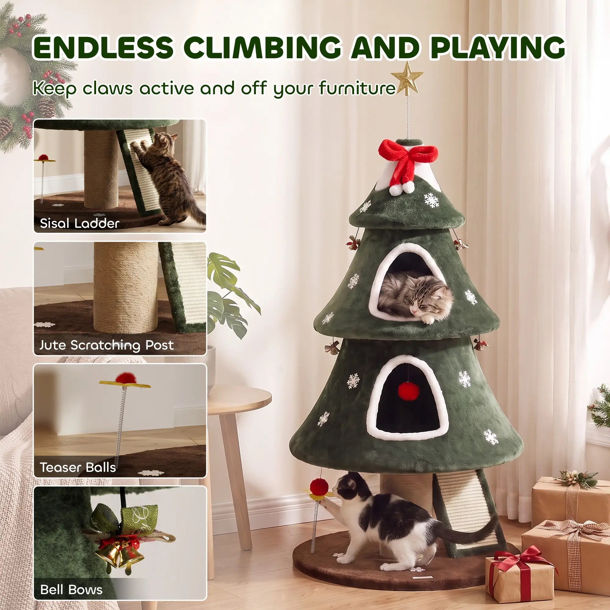 52'' Christmas Cat Tree, 2-Tier Tower with Condos & Scratchers Cat Trees at Gallery Canada