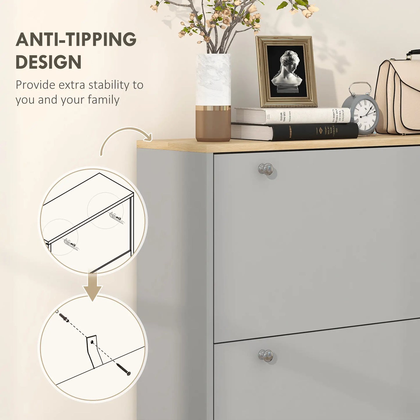 Shoe Storage, 3 Flip Drawers, Adjustable Shelves, 24 Pairs, Grey