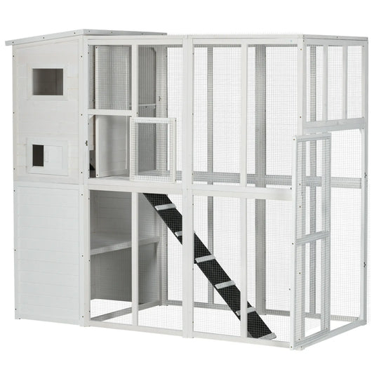 68.7" H Large Wooden Outdoor Cat House with Run, Catio, Condo, White Outdoor Cat Enclosures White at Gallery Canada