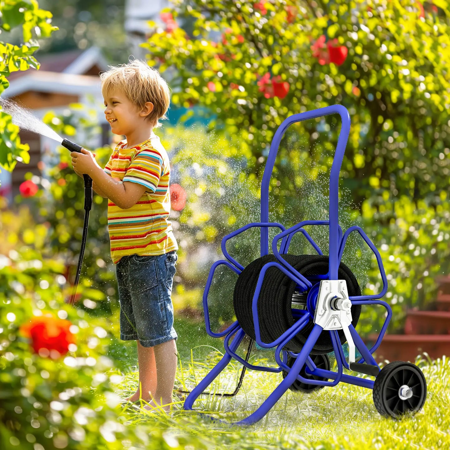 98 ft 5/8" Hose Reel Cart, Garden Water Hose Carts with Wheels, Blue Garden Accessories at Gallery Canada