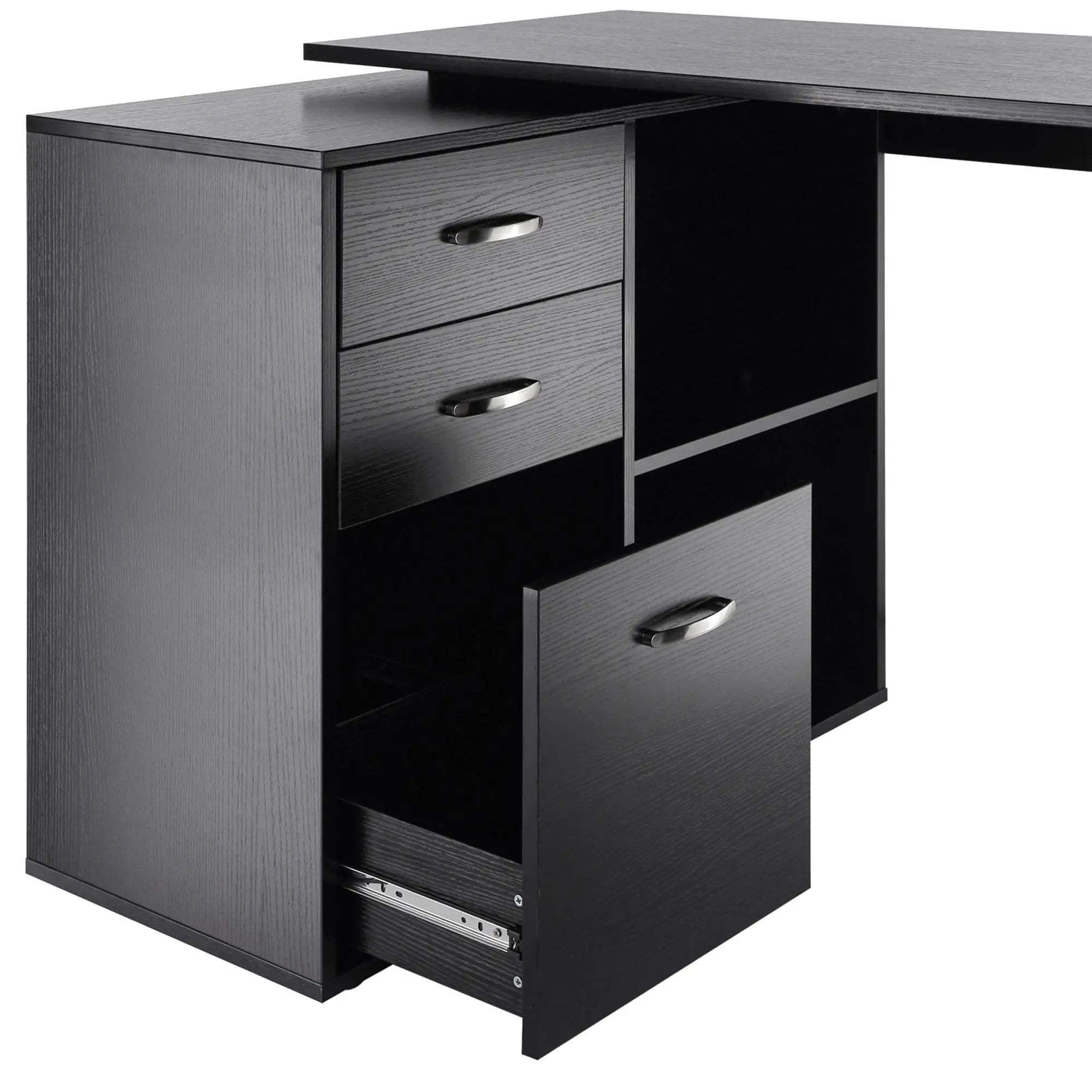 L-Shaped Corner Desk with Storage Shelf, Drawer, Black Writing Desks at Gallery Canada