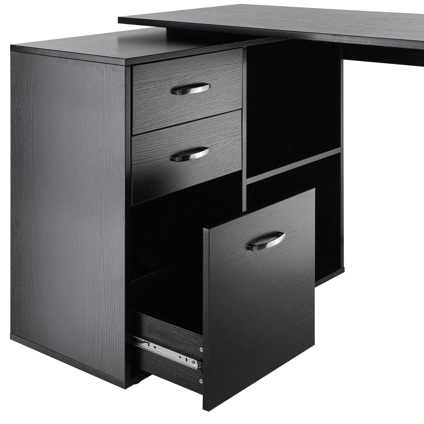 L-Shaped Corner Desk with Storage Shelf, Drawer, Black Writing Desks at Gallery Canada