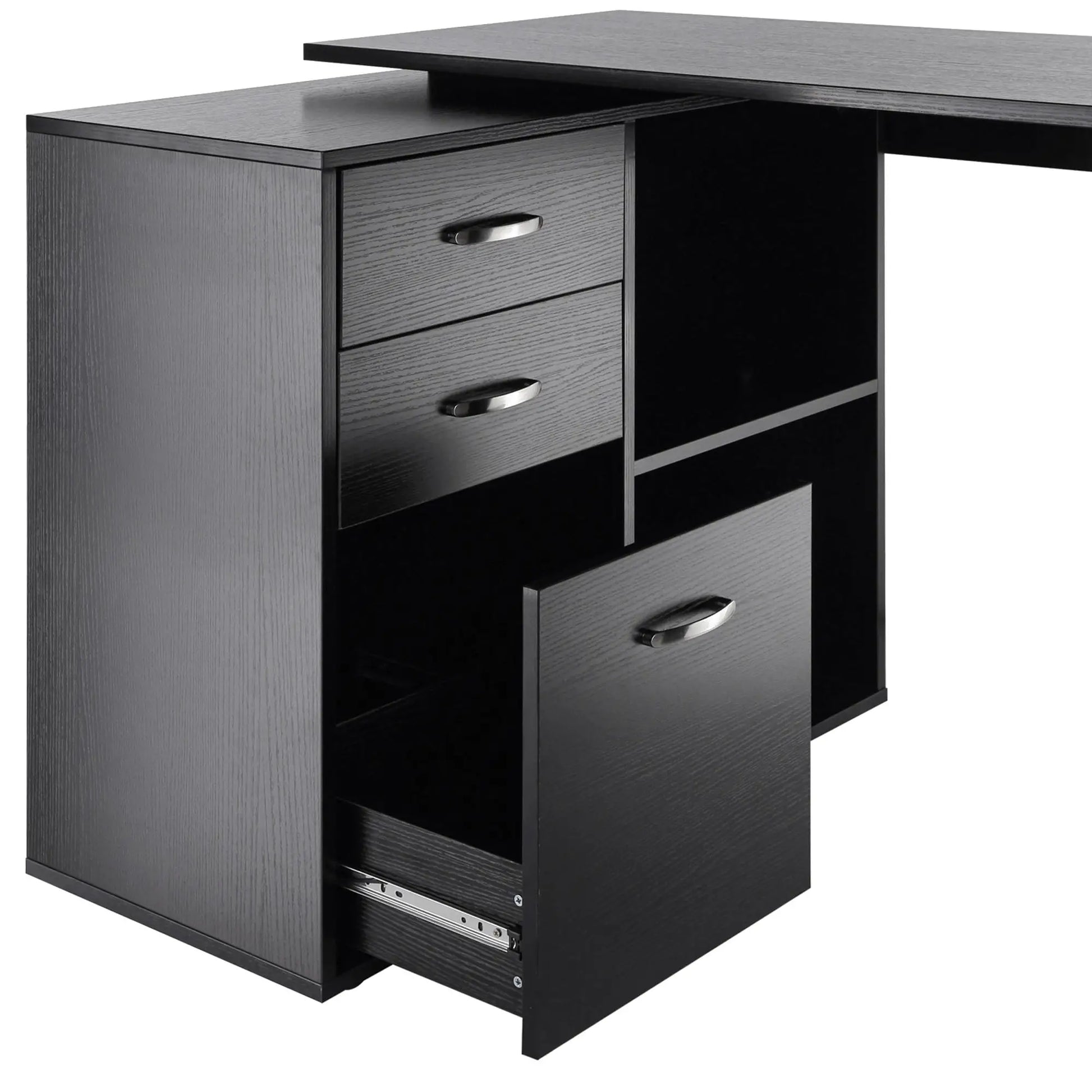 L-Shaped Corner Desk with Storage Shelf, Drawer, Black Writing Desks at Gallery Canada