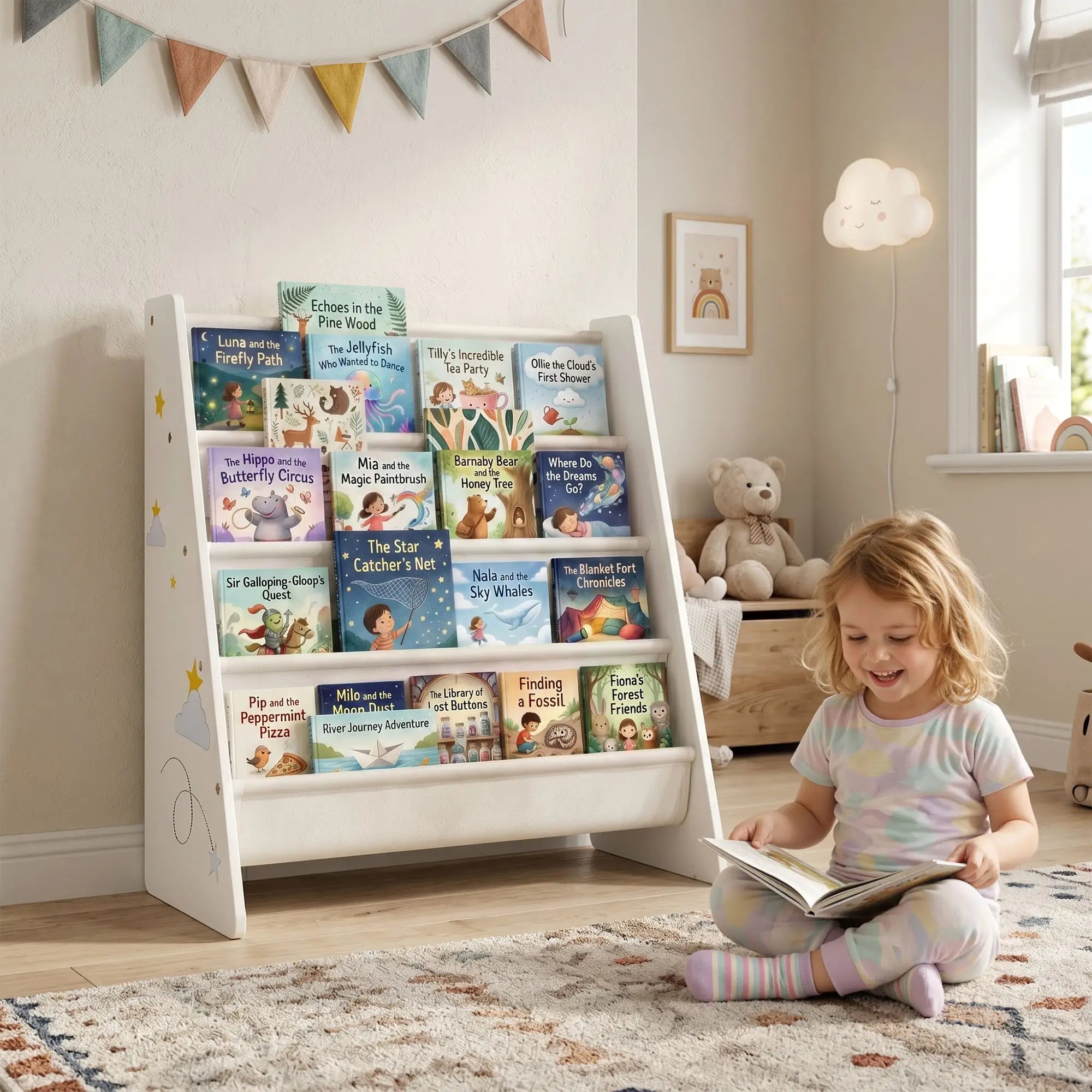 Fabric Kids Bookshelf, 4-Tier Toddler Sling Book Rack, White Baby & Kids Storage at Gallery Canada