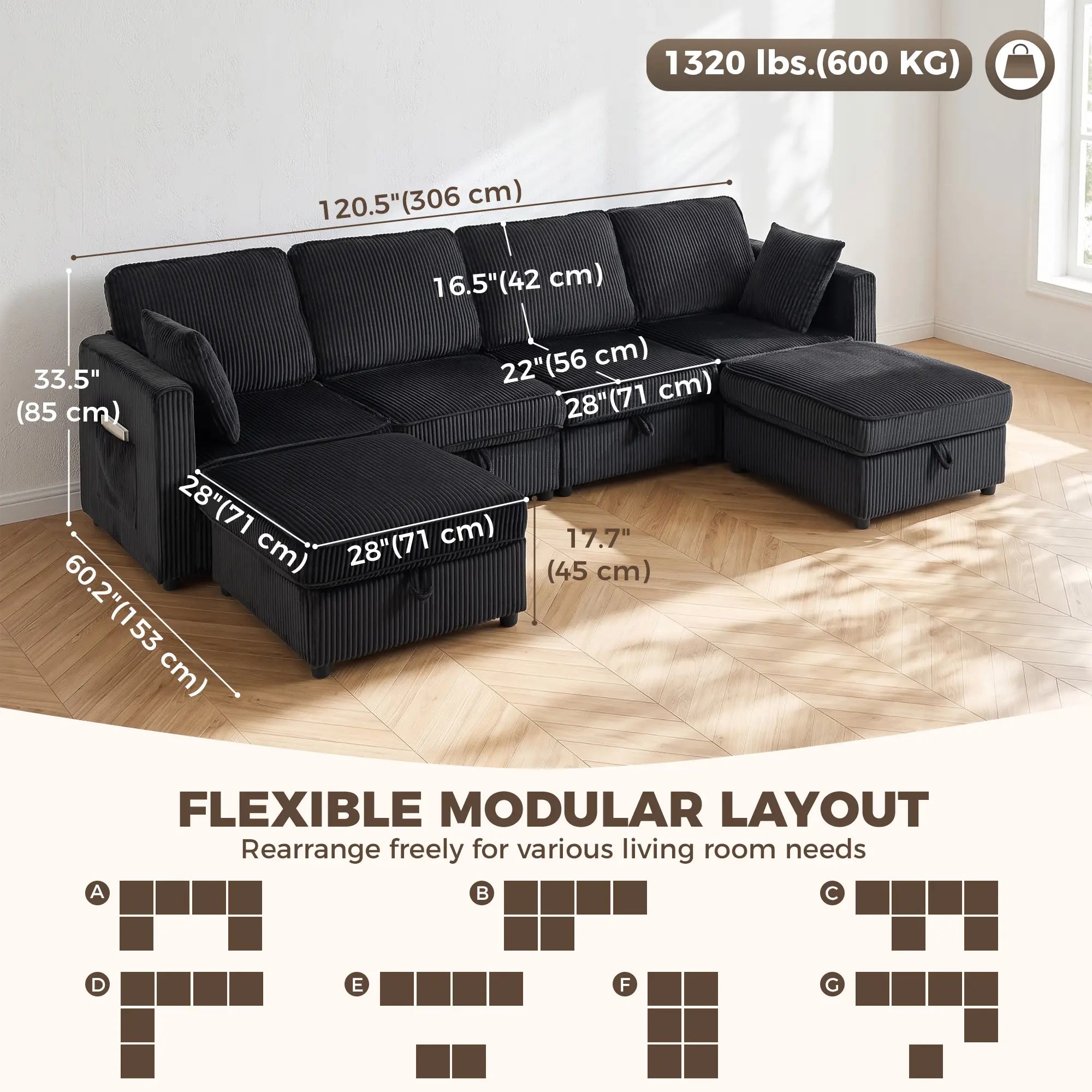 Modular U-Shaped Corduroy Sofa, Dual Storage Ottoman, 4 Pillows, Dark Grey L Shaped Couchs at Gallery Canada