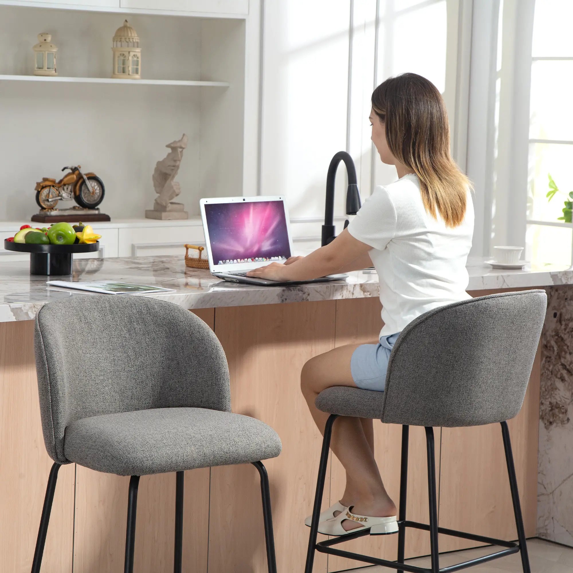 Set of 2 Counter Height Barstools, Upholstered Linen with Backrest, Dark Grey Bar Stools at Gallery Canada