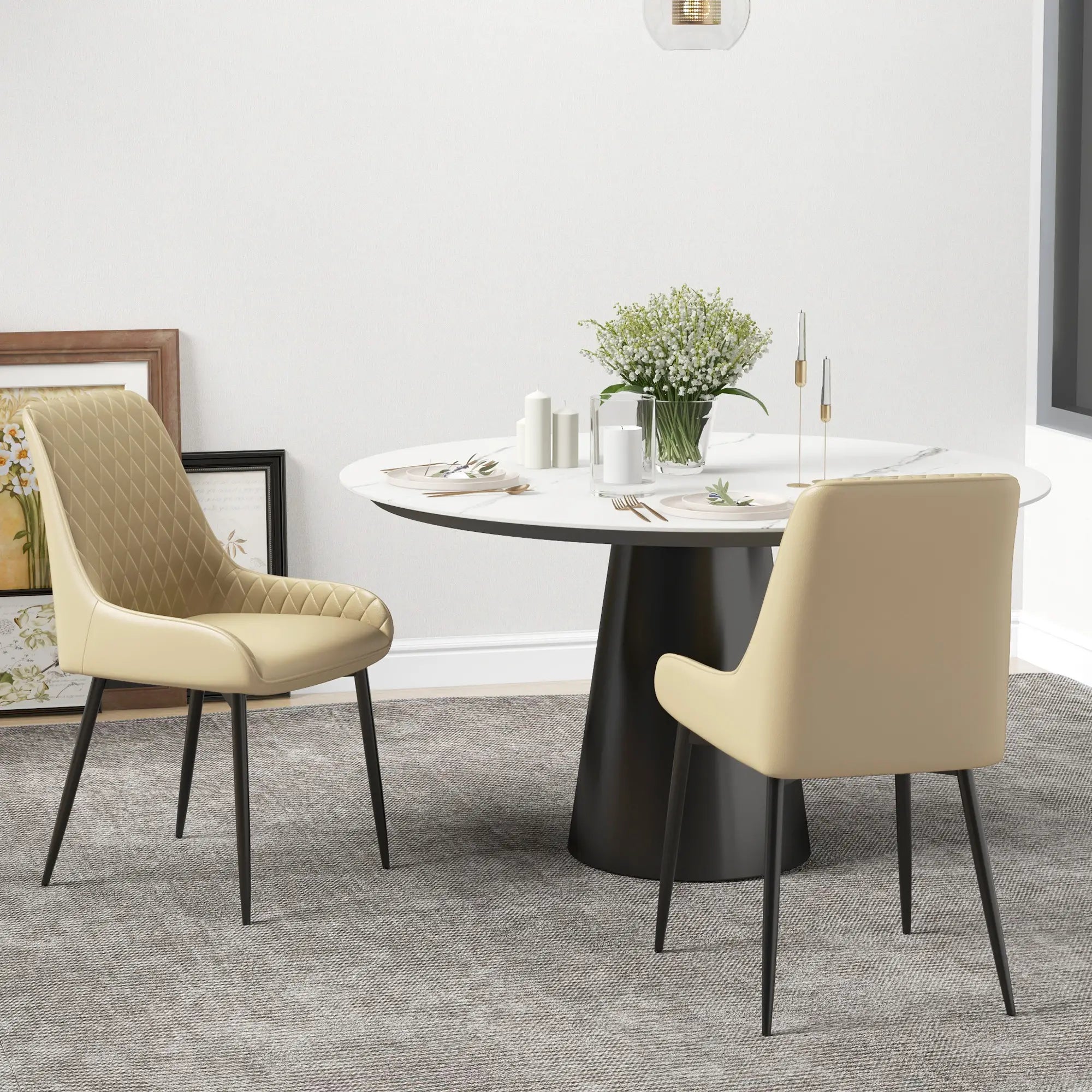 Modern Dining Chairs Set of 2, PU Leather, Metal Legs, Khaki Dining Chairs at Gallery Canada