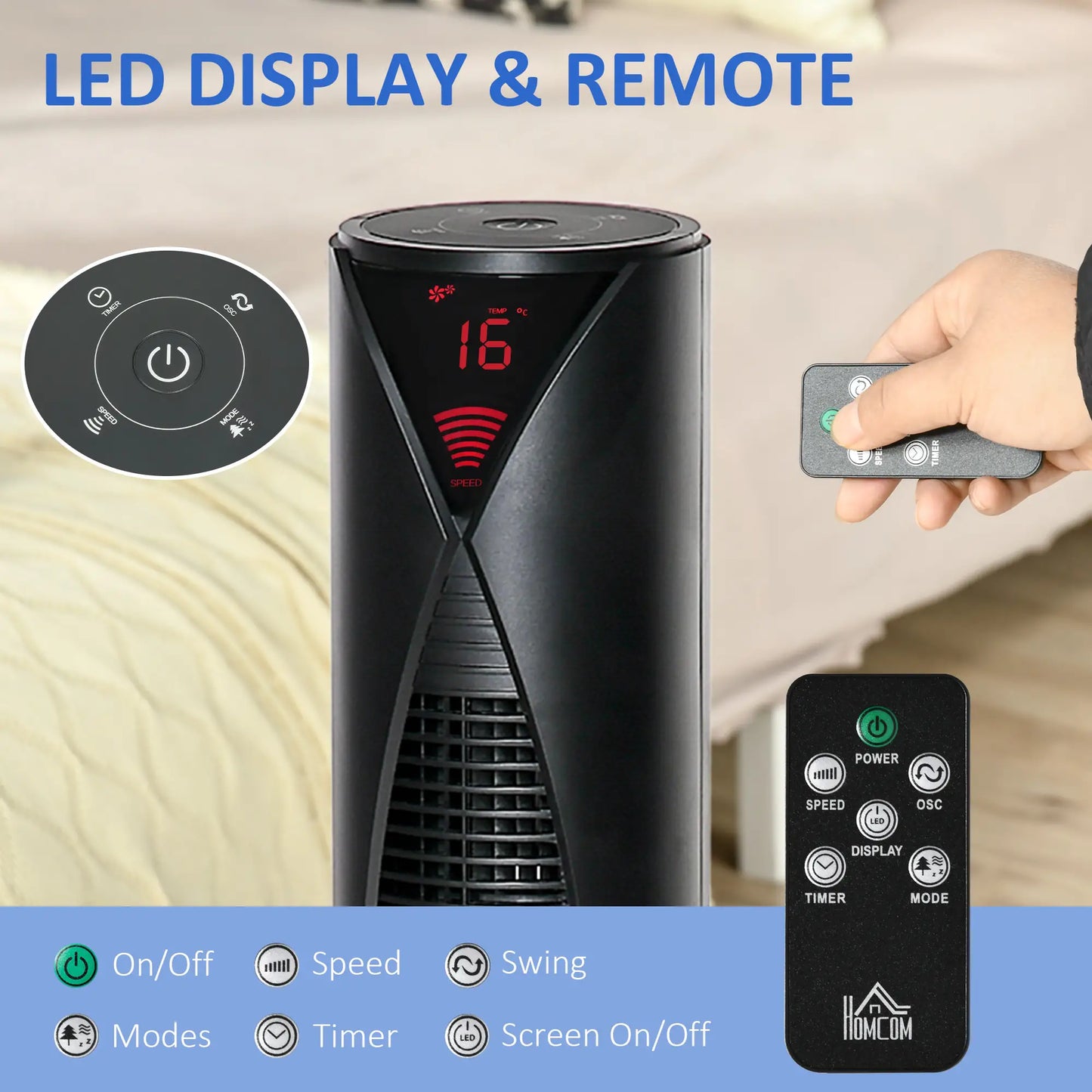 Freestanding Tower Fan, 3 Speed, 12h Timer, Oscillating, LED Panel, Remote, Black Tower Fans at Gallery Canada