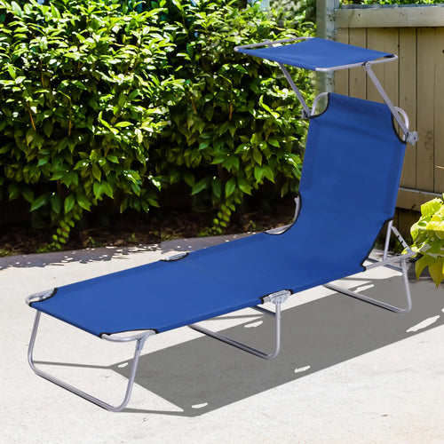 Outdoor Lounge Chair, Adjustable Folding Chaise, Tanning Chair with Shade, Blue