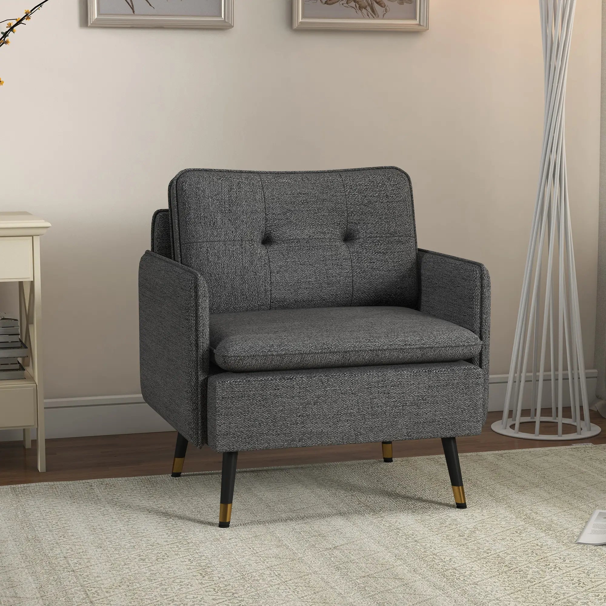 Modern Armchair, Upholstered Accent Chair, Tufted Back, Steel Legs, Dark Grey Accent Chairs at Gallery Canada