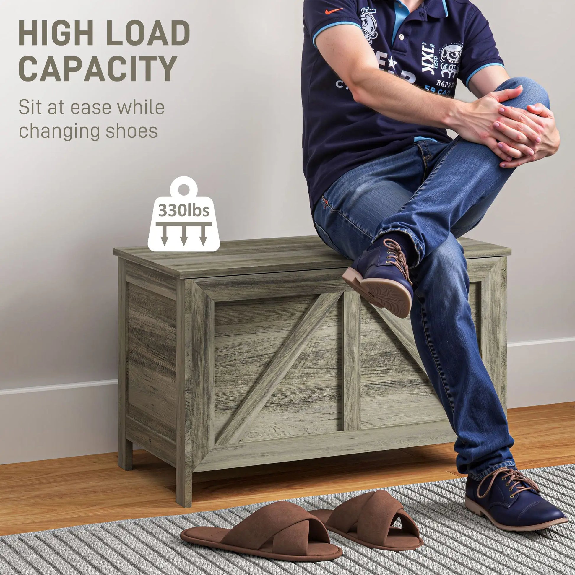 Farmhouse Storage Trunk Box, Safety Hinge, Grey Wood Grain, Grey Storage Cabinets at Gallery Canada