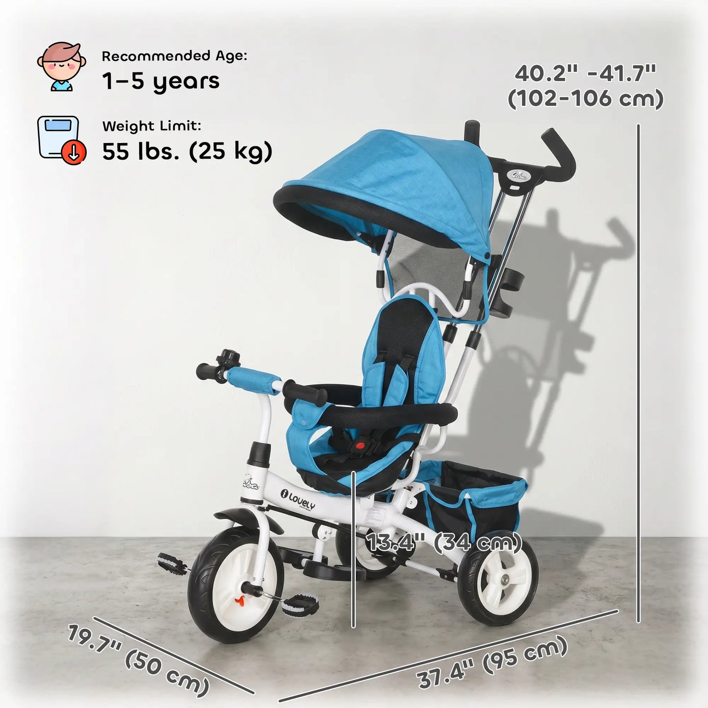 6 in 1 Toddler Tricycle Stroller, Basket, Canopy, 5-Point Harness, 12-60 Months, Blue Tricycles for Kids at Gallery Canada