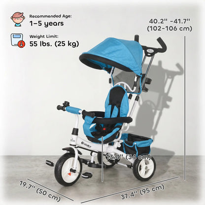 6 in 1 Toddler Tricycle Stroller, Basket, Canopy, 5-Point Harness, 12-60 Months, Blue Tricycles for Kids at Gallery Canada