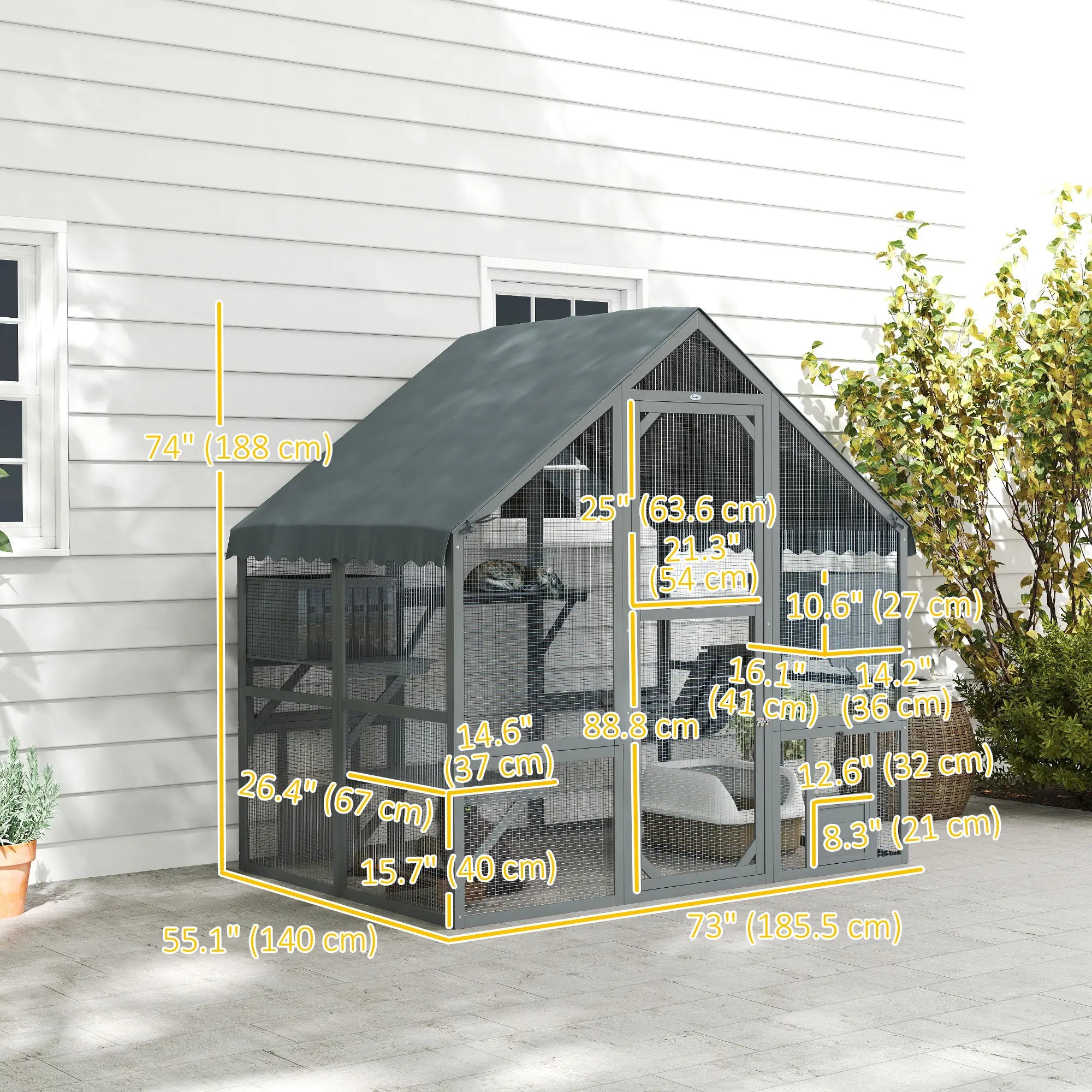 Large Catio, Waterproof Cover, 2 Resting Boxes, 4 Platforms, Bridge, Grey Outdoor Cat Enclosures at Gallery Canada