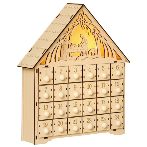 Wooden Christmas Advent Calendar, Lighted 24 Days, Bible Characters, Battery Operated, Natural