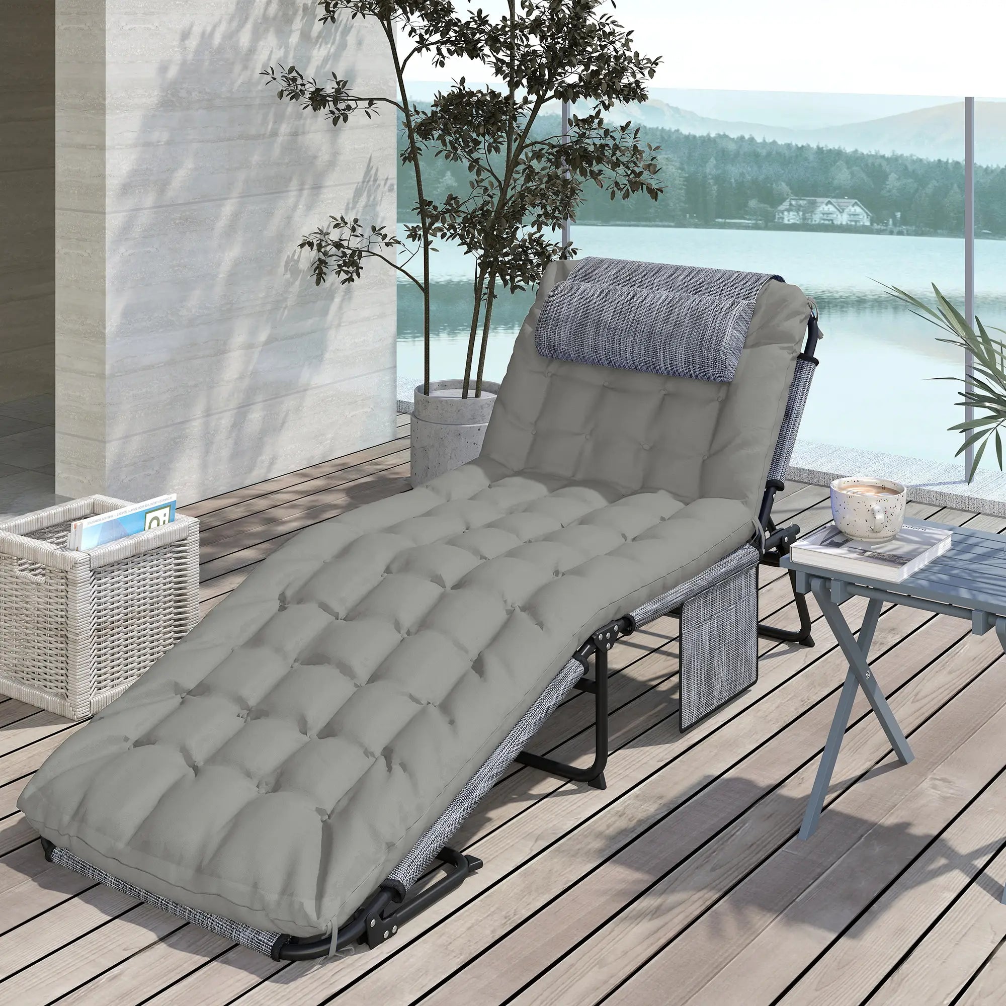 Folding Lounge Chair, 4-Level Reclining Back, Cushion, Grey Lounger Chairs at Gallery Canada