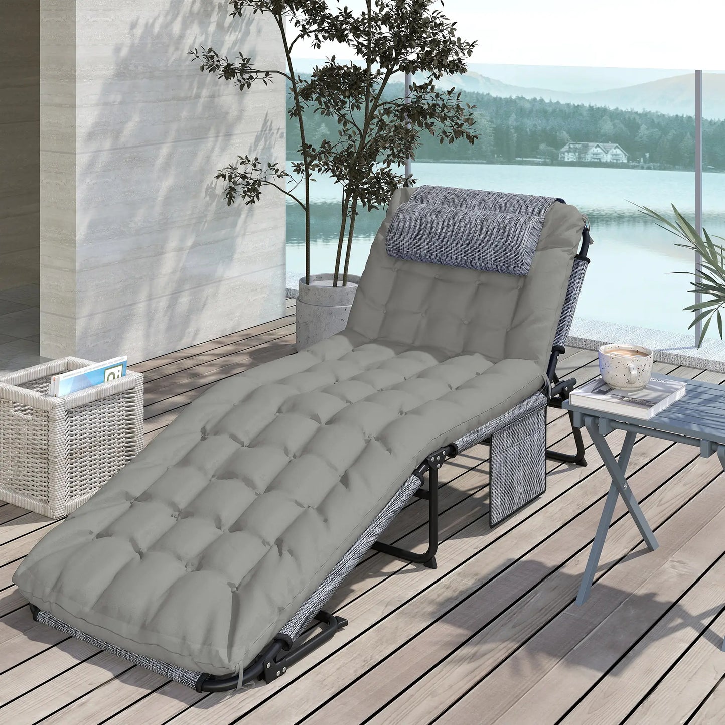 Folding Lounge Chair, 4-Level Reclining Back, Cushion, Grey Lounger Chairs at Gallery Canada