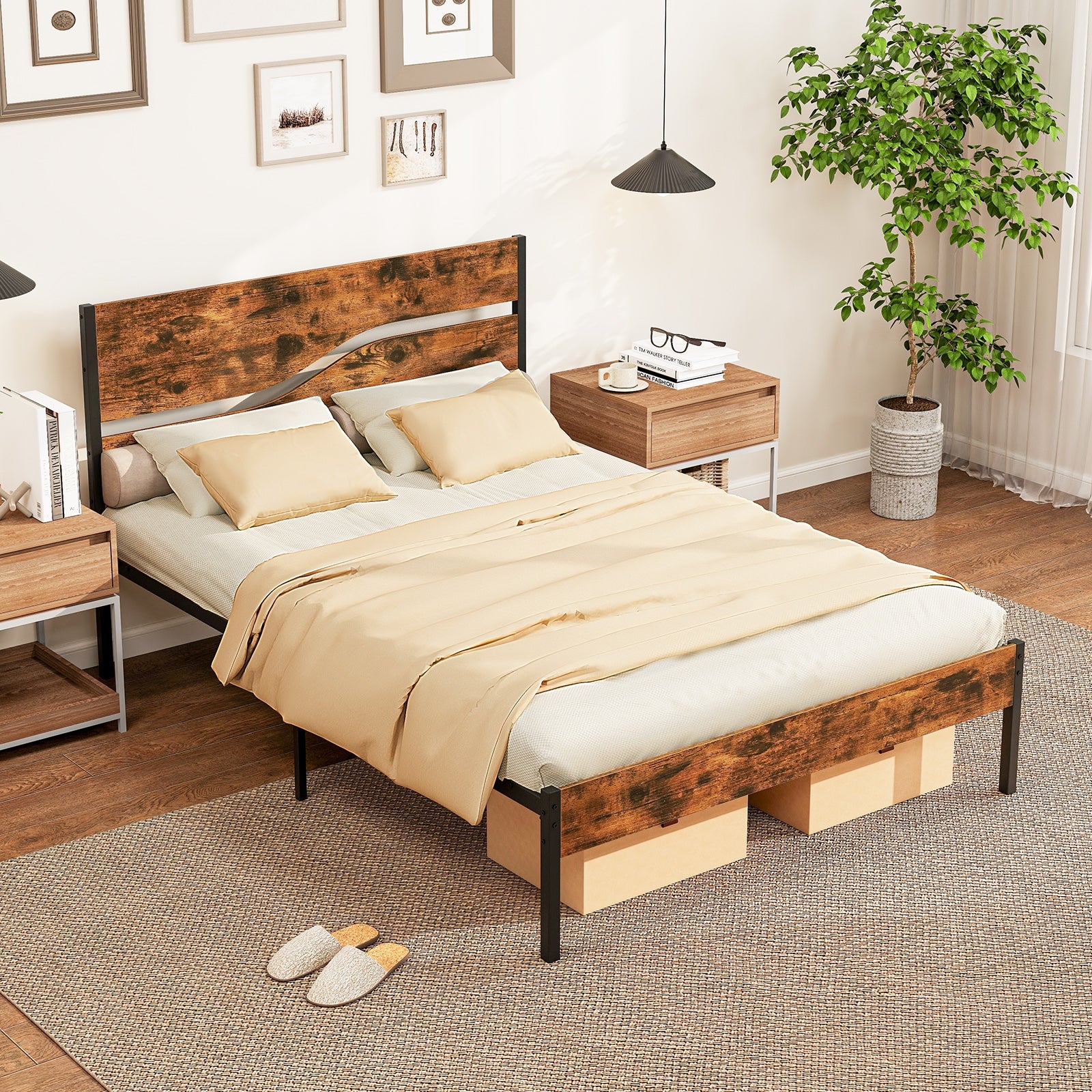 Twin/Full/Queen/King Metal Bed Frame with Wooden Headboard and Footboard-Full Size, Rustic Brown Simple Bed Frame at Gallery Canada