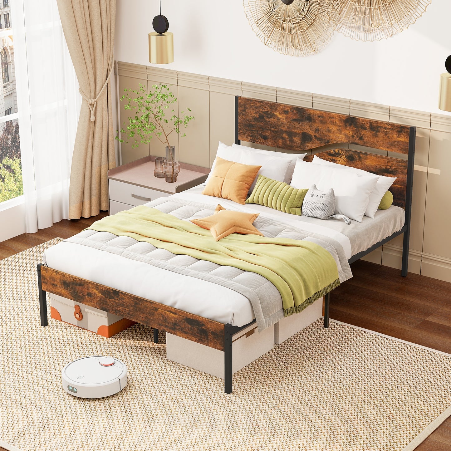 Twin/Full/Queen/King Metal Bed Frame with Wooden Headboard and Footboard-Full Size, Rustic Brown Simple Bed Frame at Gallery Canada