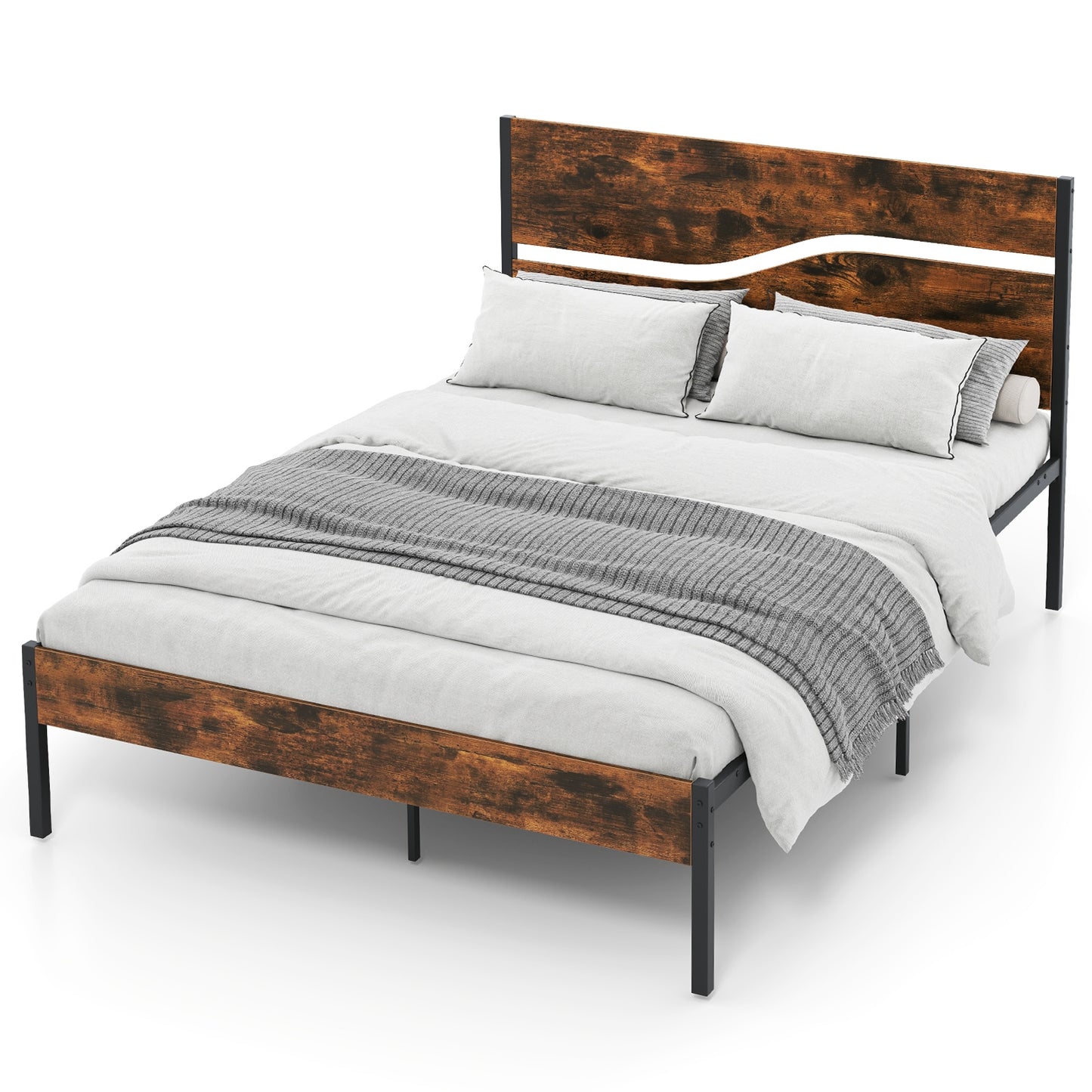 Twin/Full/Queen/King Metal Bed Frame with Wooden Headboard and Footboard-Full Size, Rustic Brown Simple Bed Frame at Gallery Canada