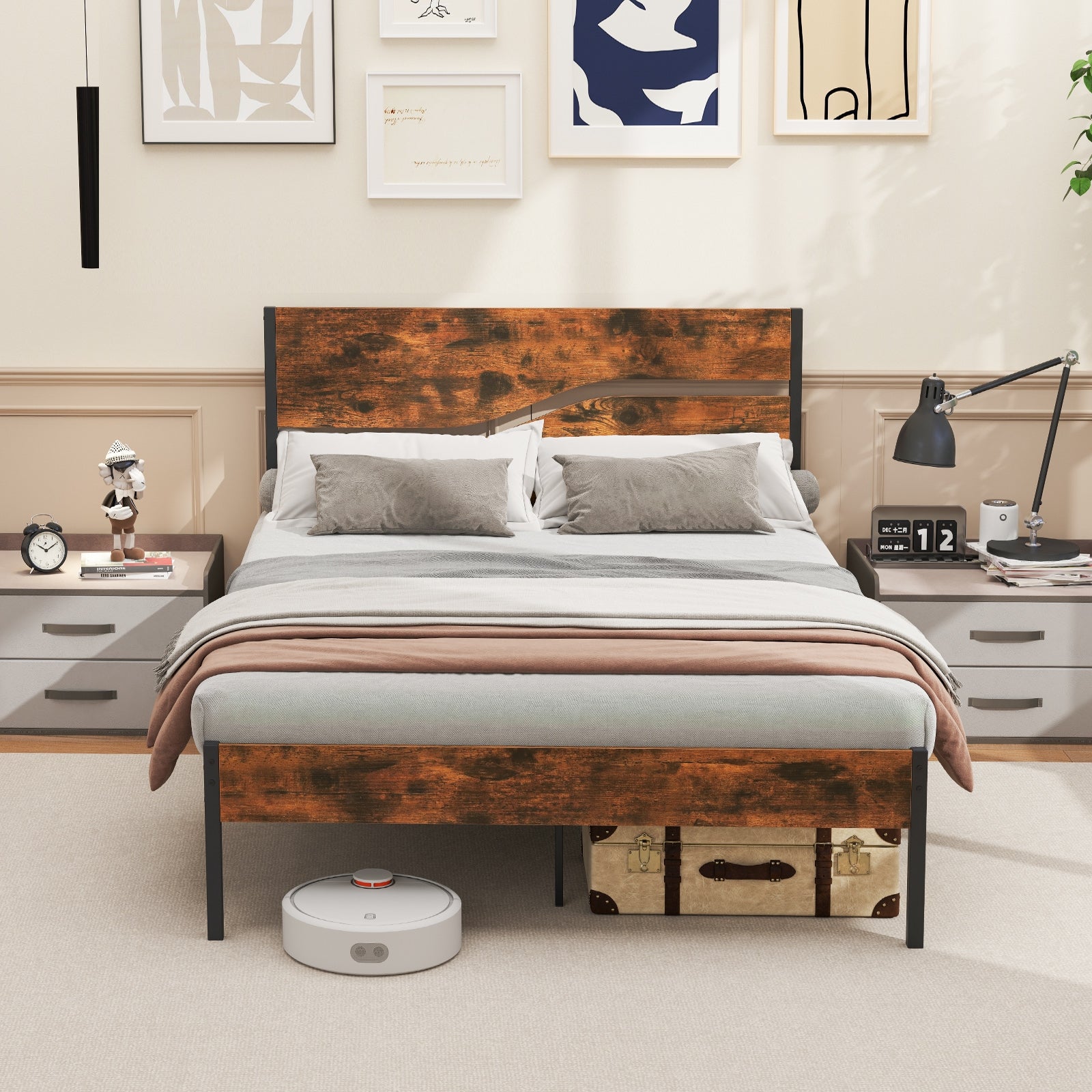 Twin/Full/Queen/King Metal Bed Frame with Wooden Headboard and Footboard-Full Size, Rustic Brown Simple Bed Frame at Gallery Canada