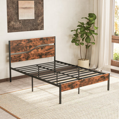 Twin/Full/Queen/King Metal Bed Frame with Wooden Headboard and Footboard-Full Size, Rustic Brown Simple Bed Frame at Gallery Canada