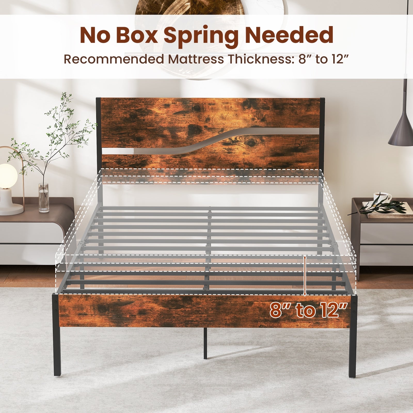 Twin/Full/Queen/King Metal Bed Frame with Wooden Headboard and Footboard-Full Size, Rustic Brown Simple Bed Frame at Gallery Canada