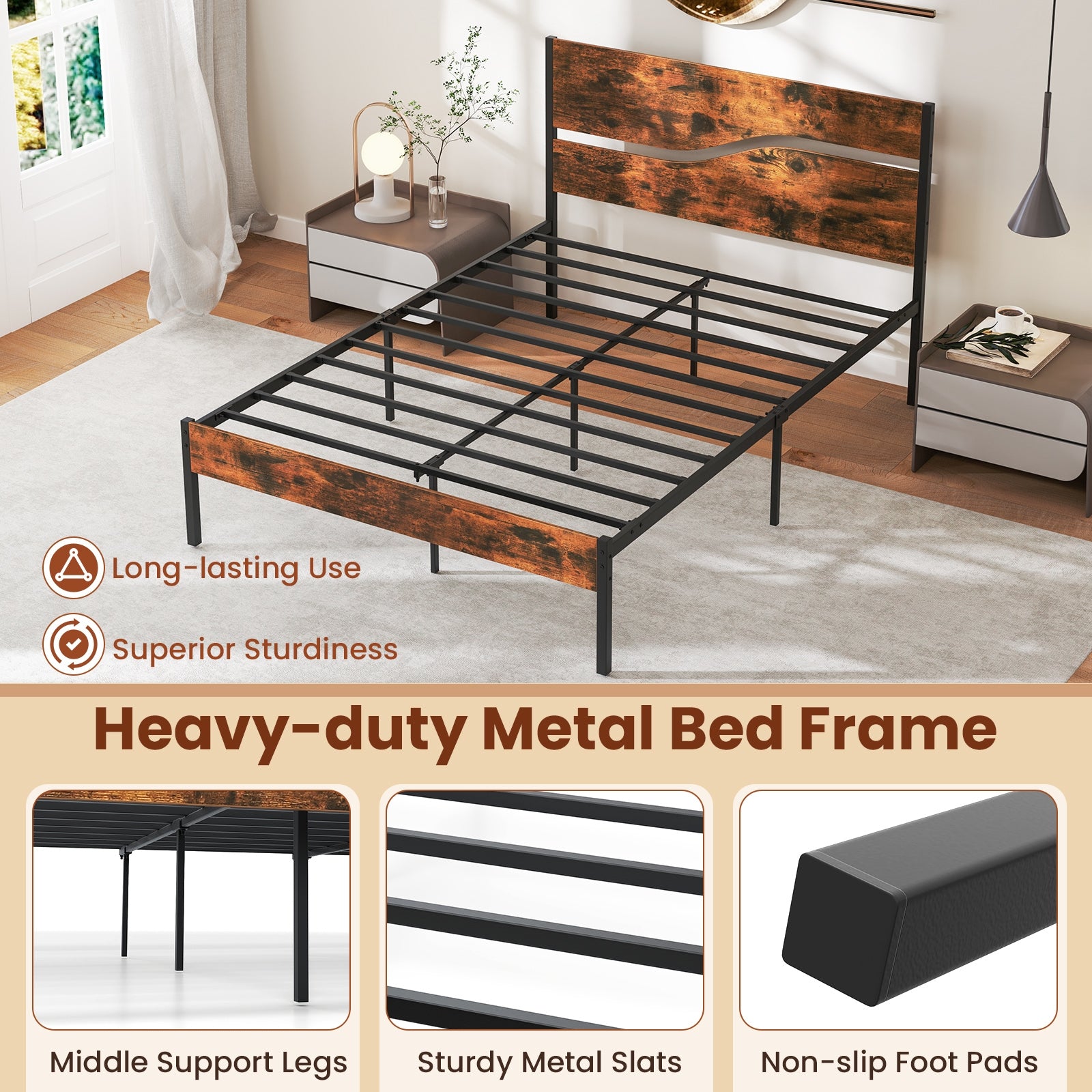 Twin/Full/Queen/King Metal Bed Frame with Wooden Headboard and Footboard-Full Size, Rustic Brown Simple Bed Frame at Gallery Canada